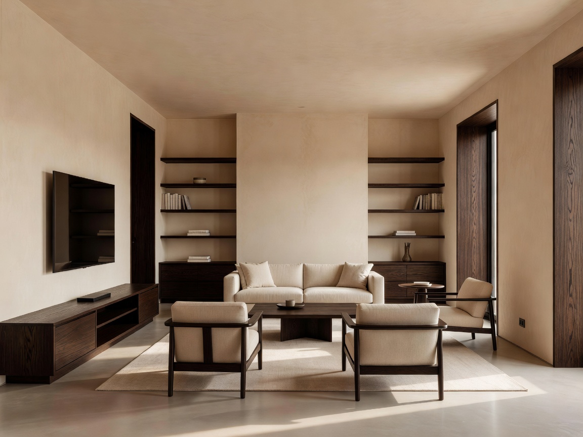 Architecturally balanced living space featuring soft warm plaster wall finishes and dark timber joinery