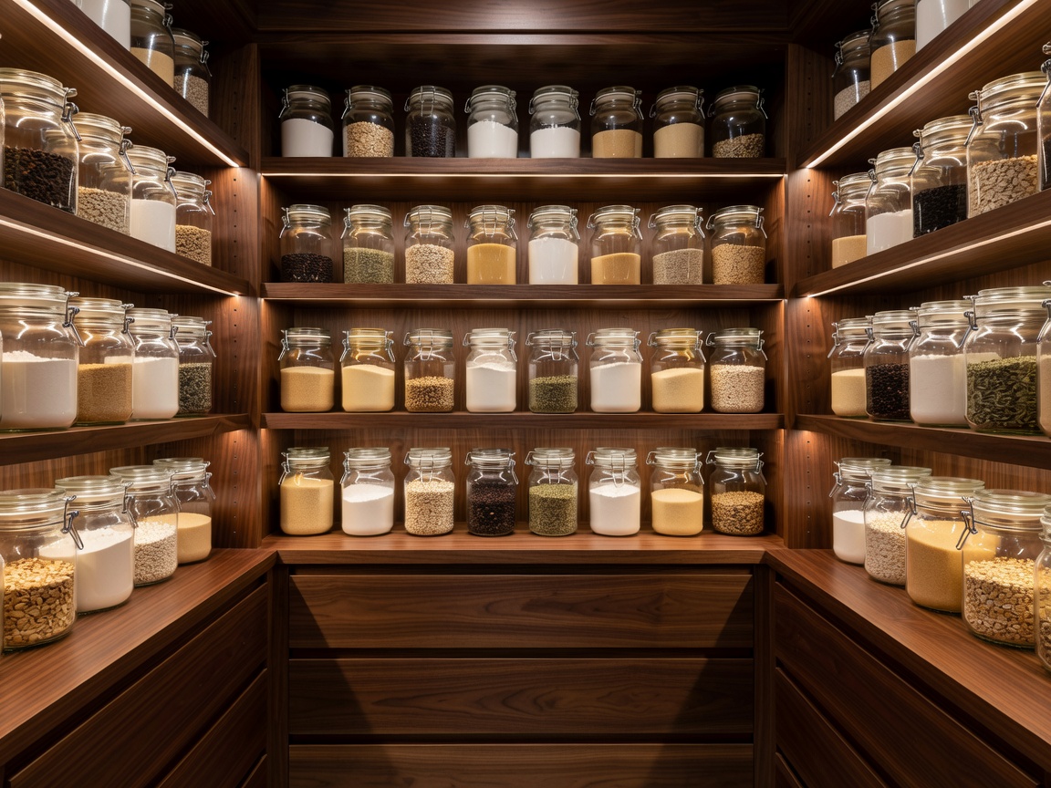 Beautifully decanted pantry with uniform glass jars, custom walnut cabinetry, and warm integrated shelf lighting