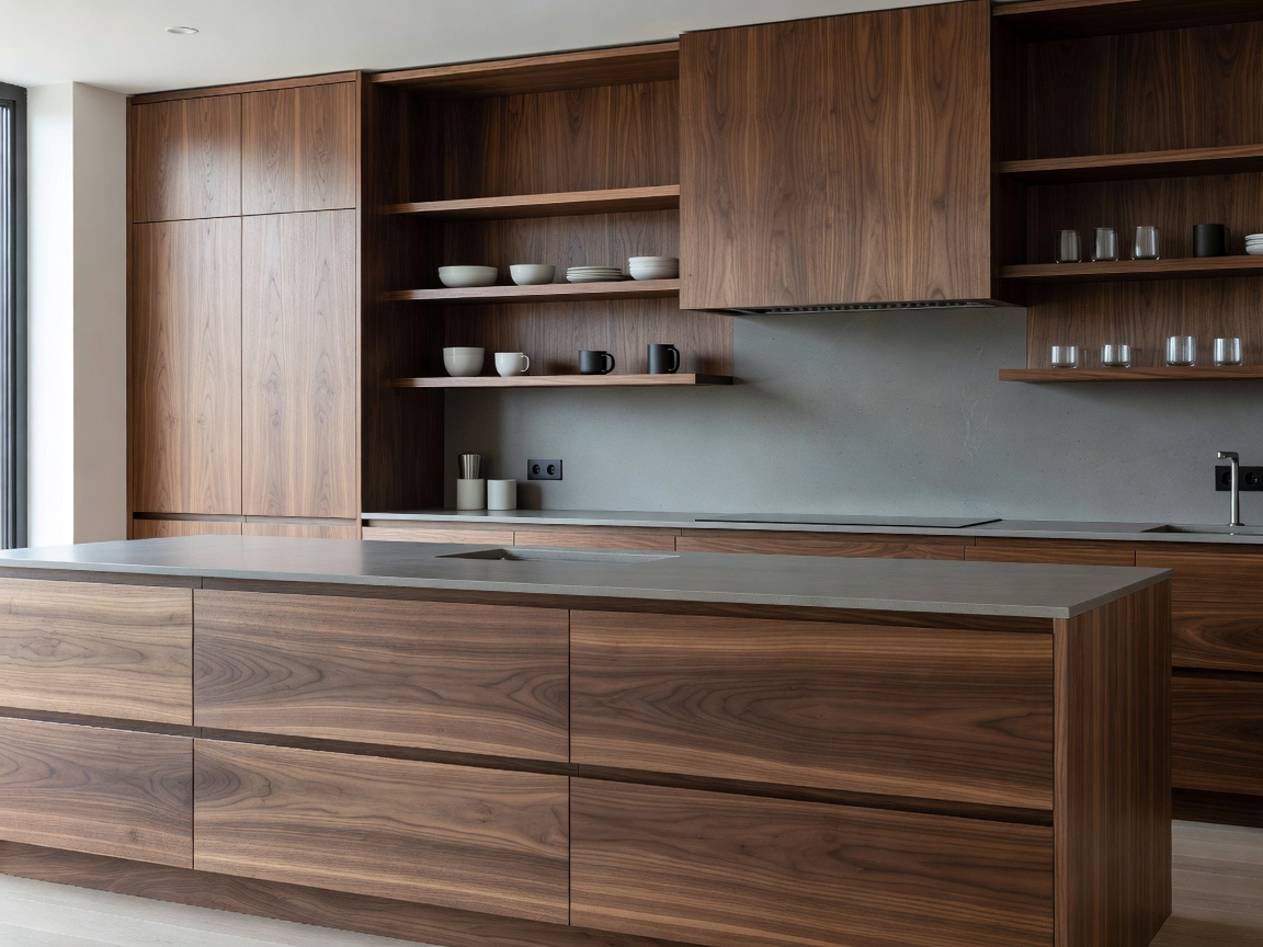 Custom walnut kitchen millwork and seamless storage systems
