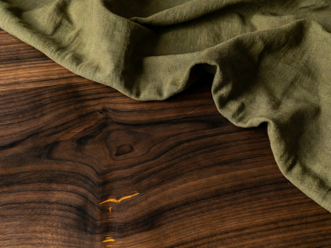 Detail of dark rich walnut grain contrasted against olive green organic textiles