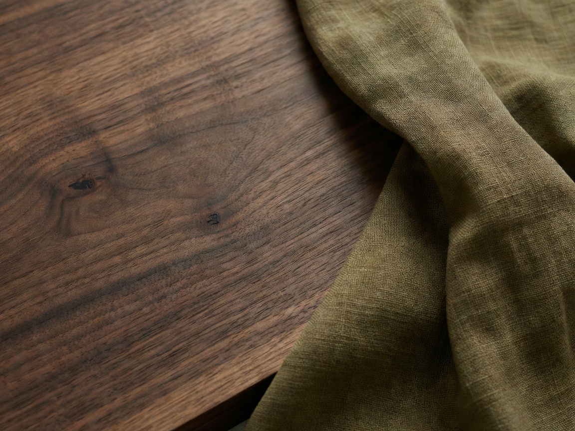 Detailed close-up of dark natural walnut timber paired with earthy olive linen fabric samples