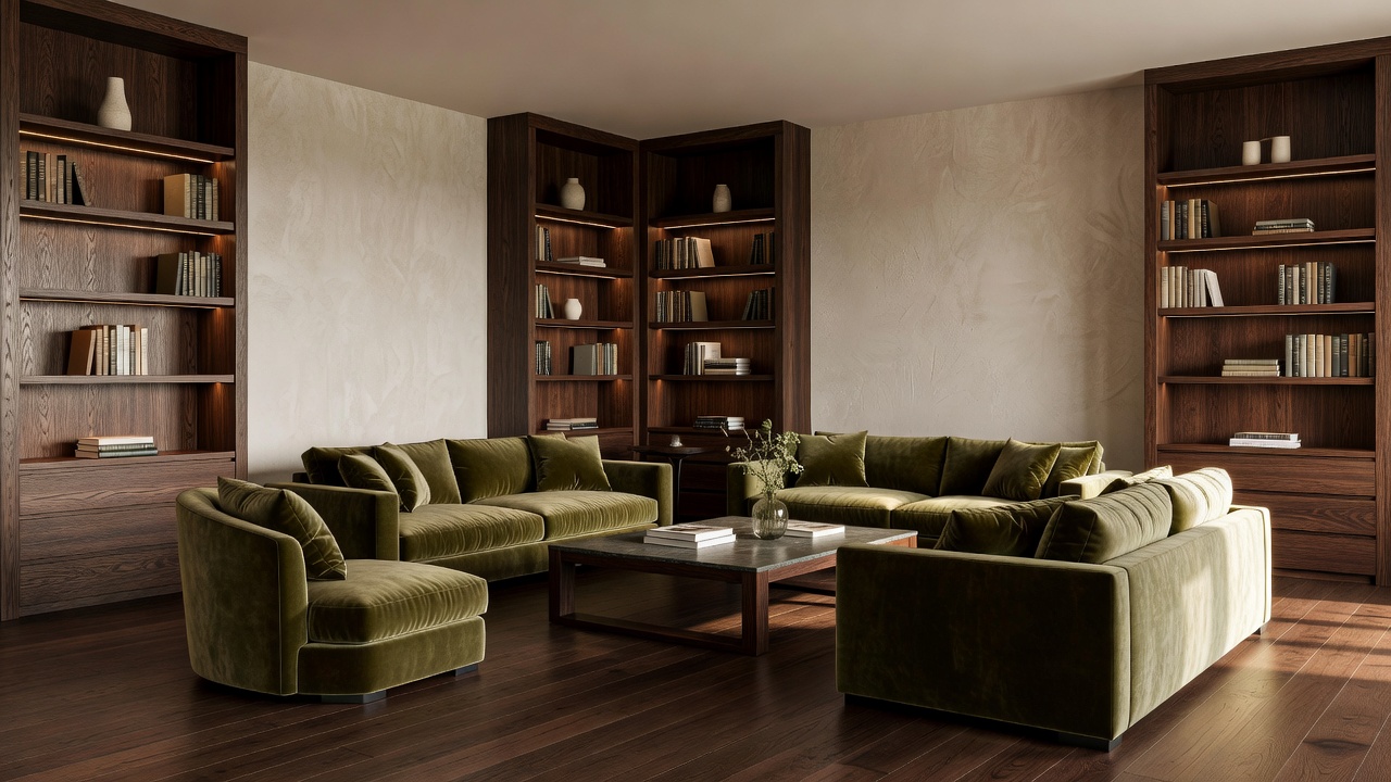 Expansive high-end living room with dark walnut built-ins, olive velvet furnishings, and warm lime wash plastered walls