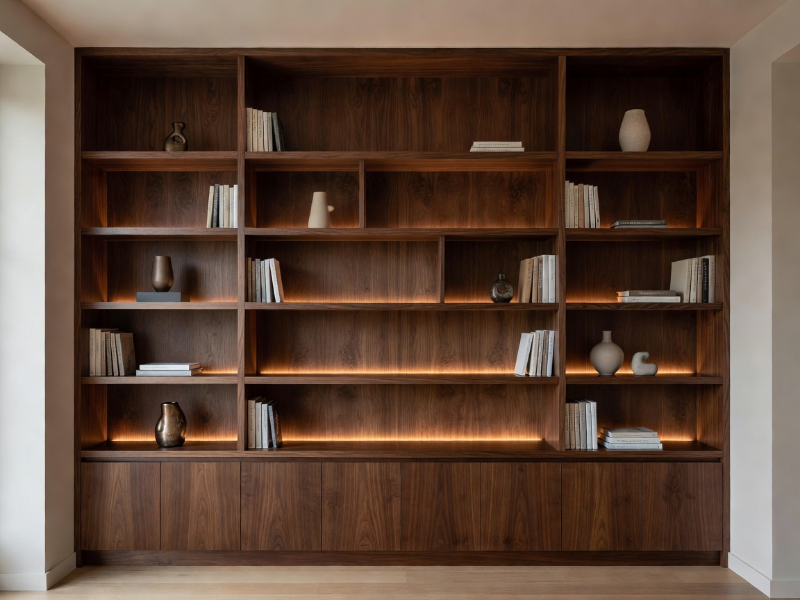 Full residential curation showing tailored walnut built-in shelving and soft warm lighting