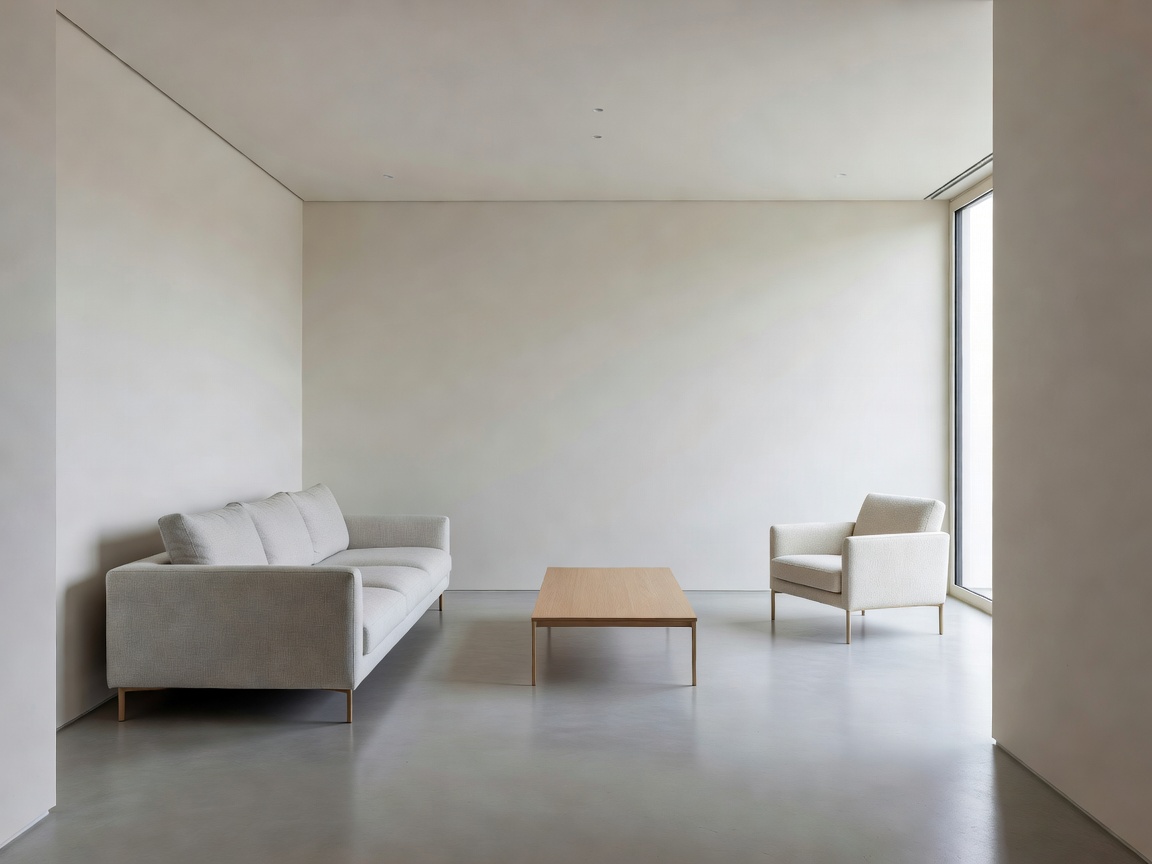 Minimalist living room layout demonstrating spatial balance and circulation flow