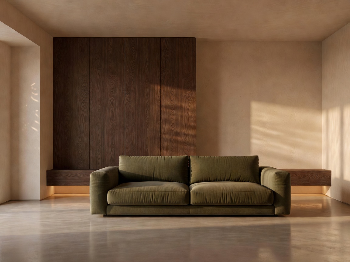 Modern warm minimalist living room featuring dark walnut cabinetry, warm beige plastered walls, and deep olive linen sofa cushions
