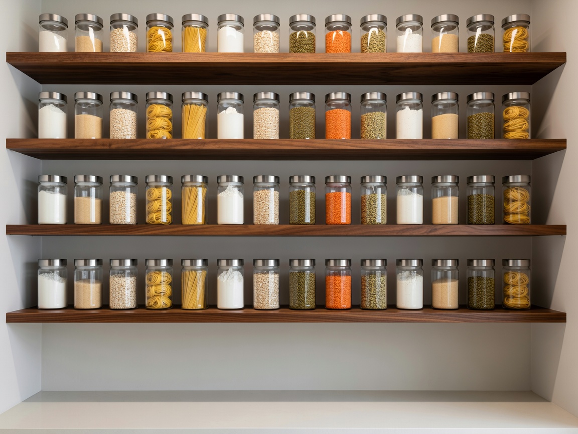 Perfectly organized pantry featuring uniform glass jars and custom walnut shelving