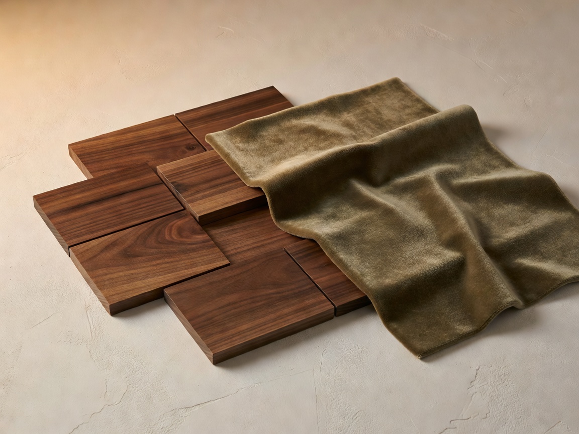 Tactile interior mood board with walnut wood swatches, olive velvet, and warm white plaster finish